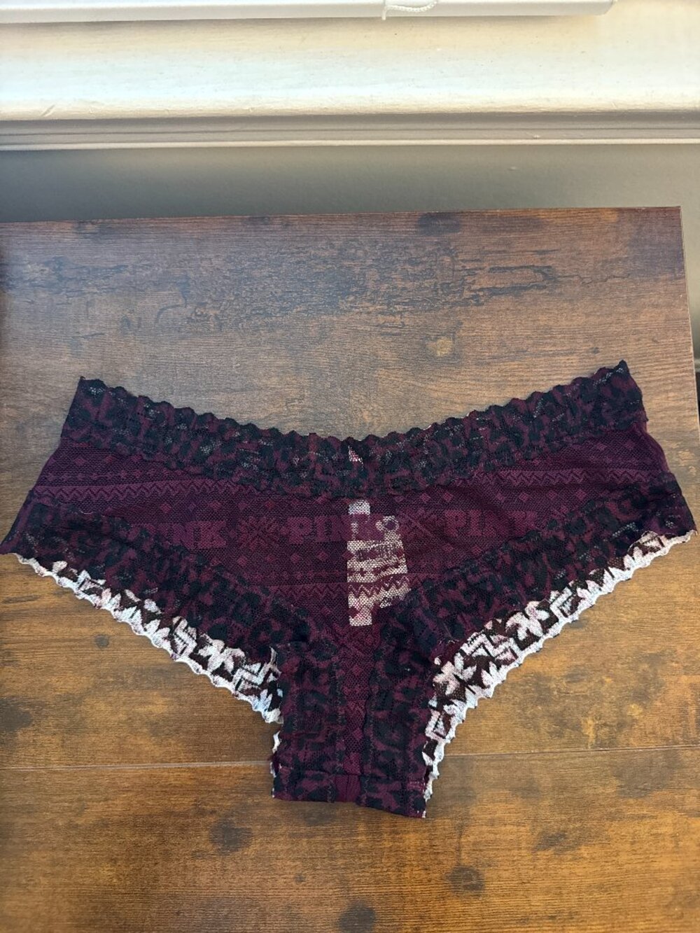 PINK Victoria's Secret Burgundy Lace Hipster Panty with Black Trim